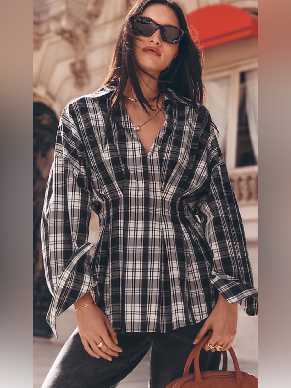 NWOT Women’s The Loft Plaid Poplin Pleated Waist Shirt Black & White Large L